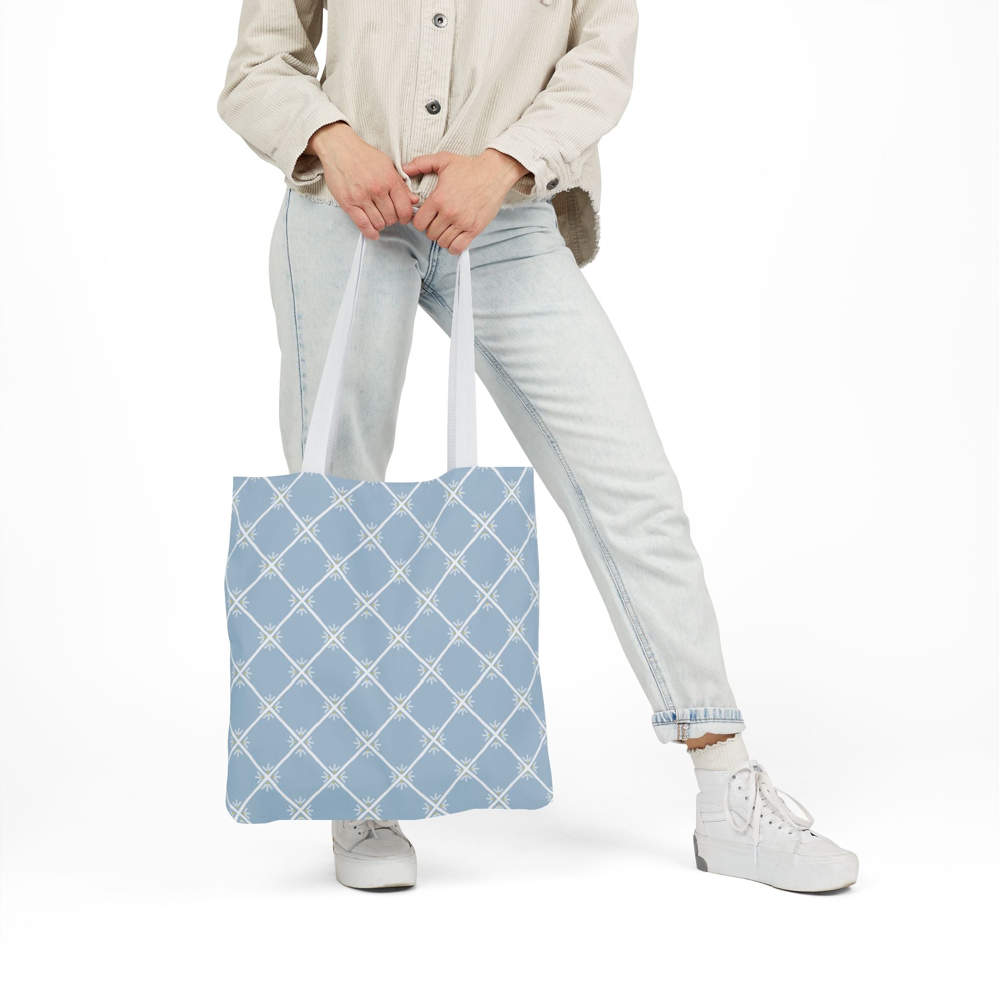 Blue Lattice Canvas Tote Bag - Reusable Beach & Market Tote