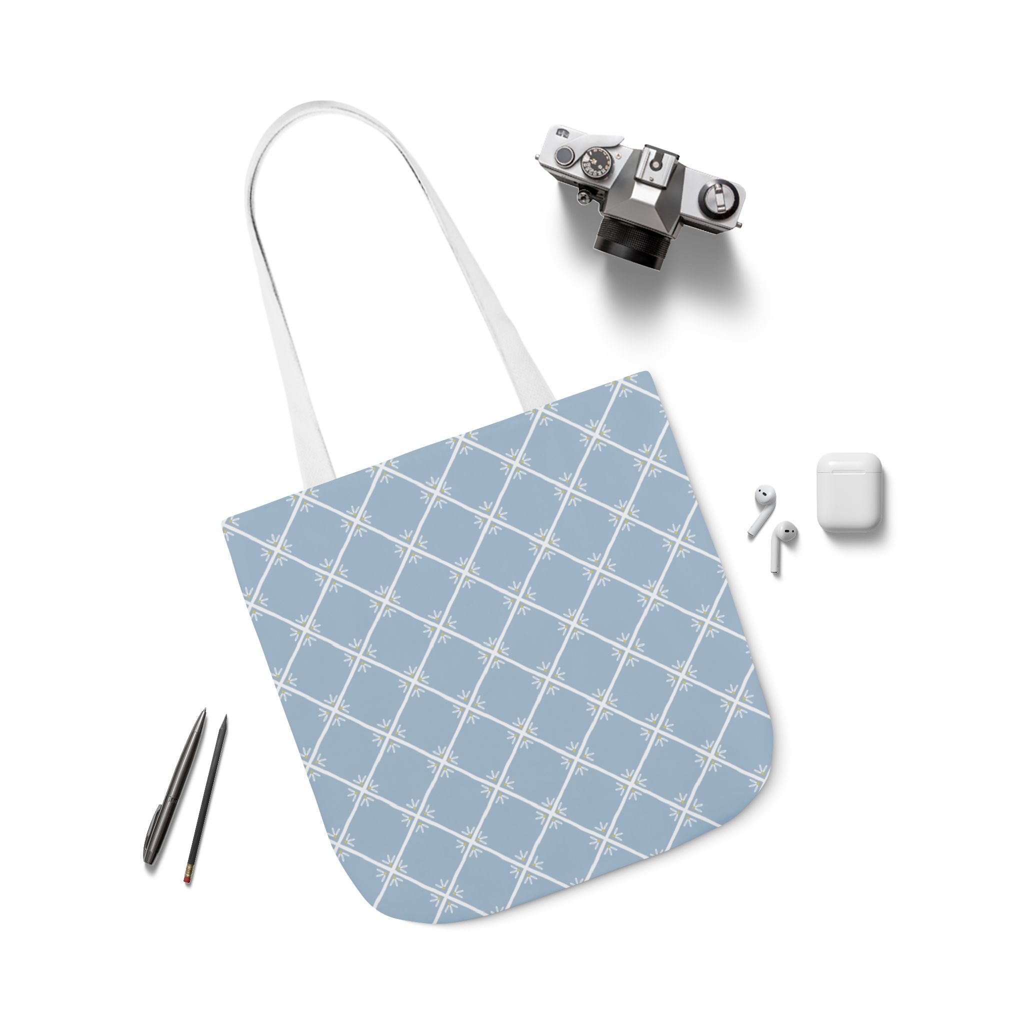 Blue Lattice Canvas Tote Bag - Reusable Beach & Market Tote