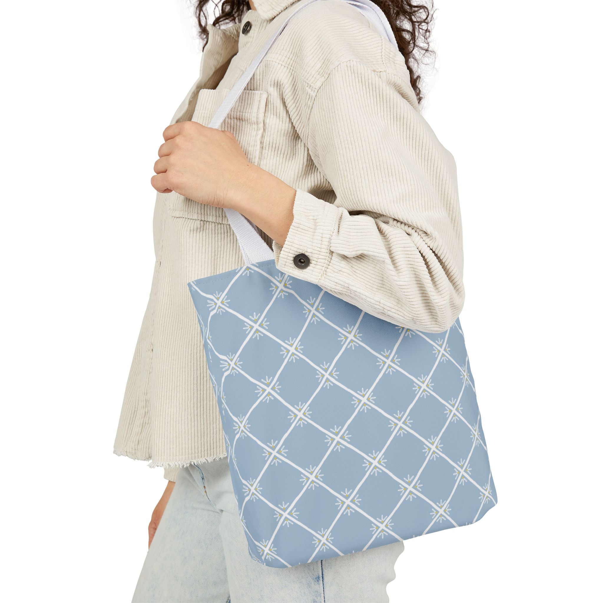 Blue Lattice Canvas Tote Bag - Reusable Beach & Market Tote