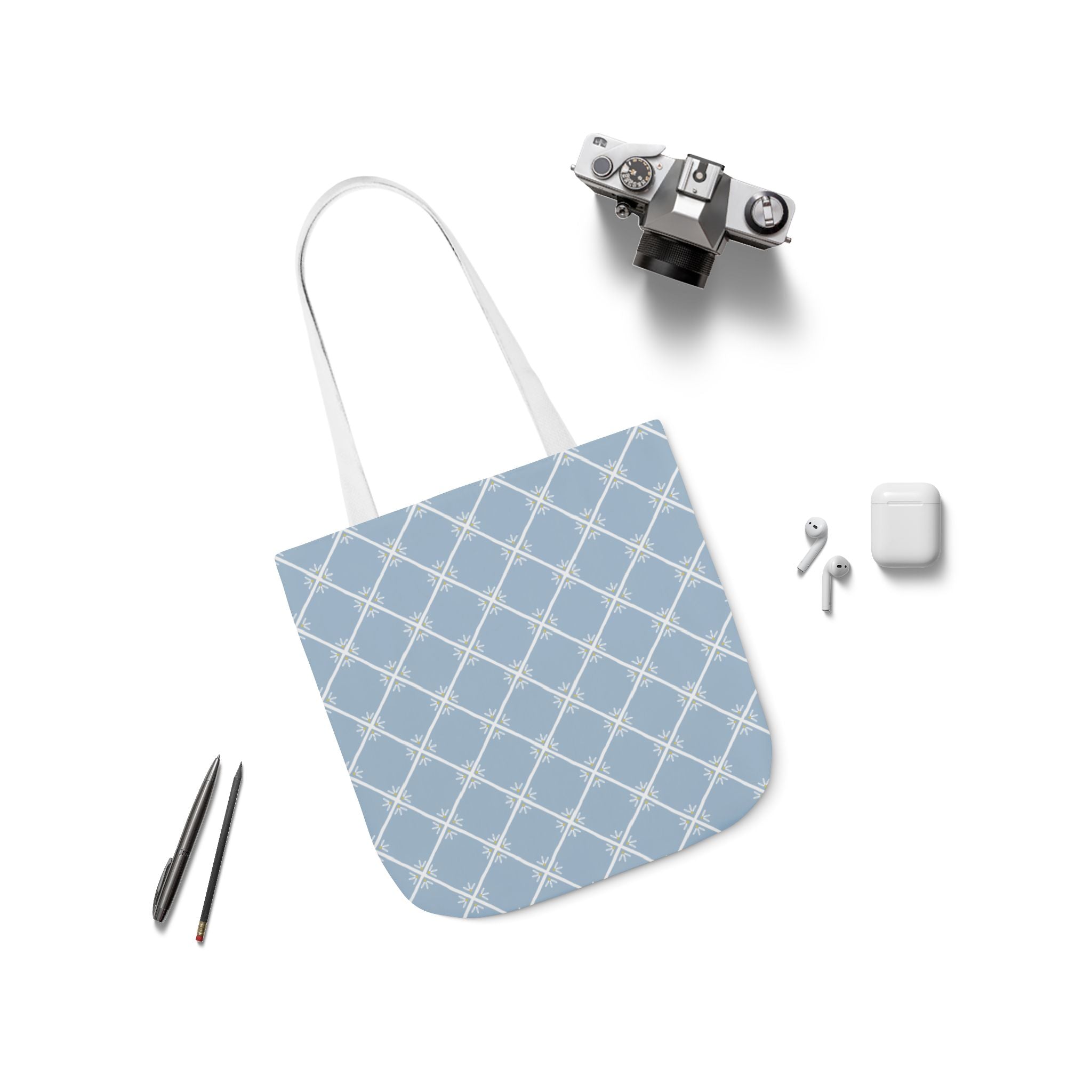 Blue Lattice Canvas Tote Bag - Reusable Beach & Market Tote