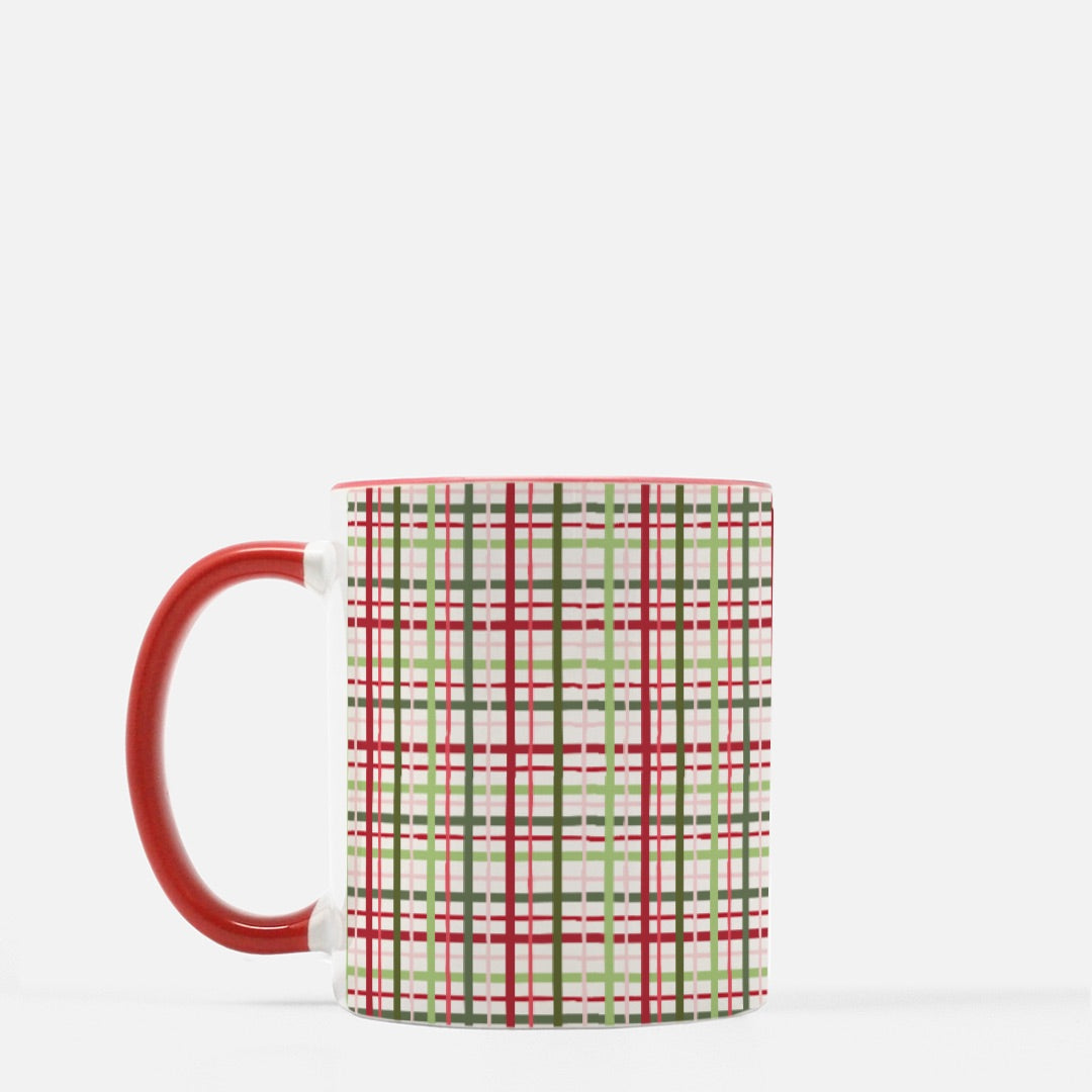 Cozy Plaid Mug w/ red handle 11 oz. (Red + White)