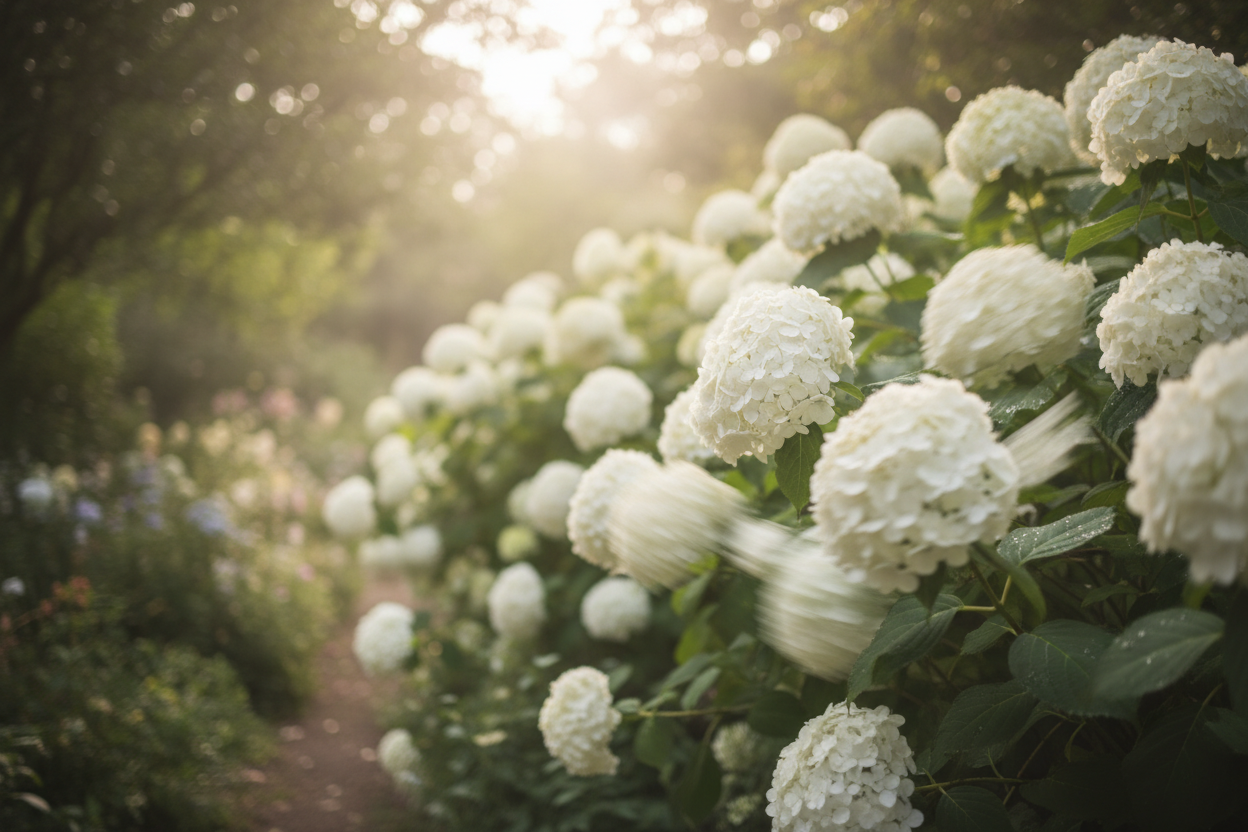 white hydrangeas flowing in the wind